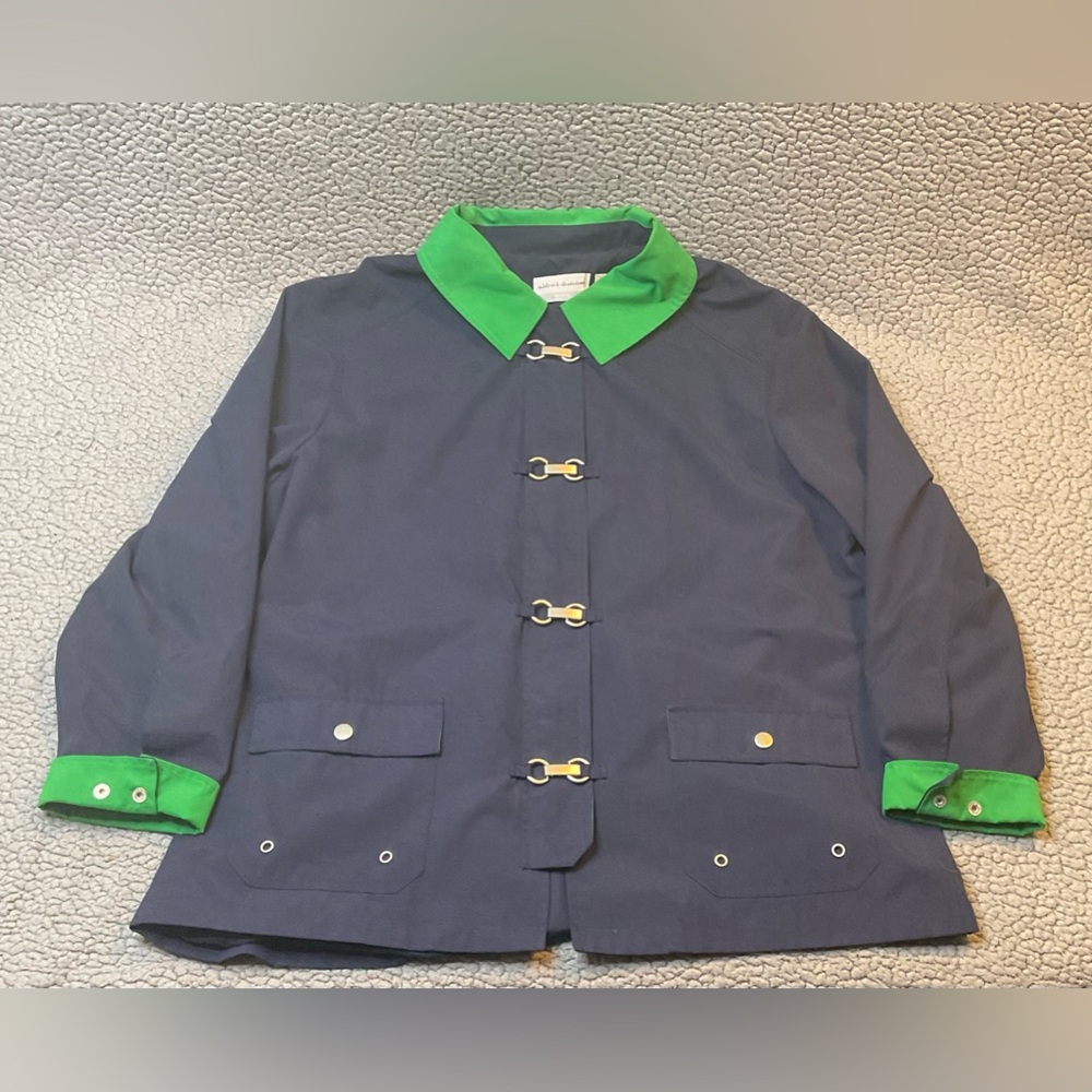 Vintage Alfred Dunner Navy Blue & Green Women’s Petite Trench Coat Size 16
